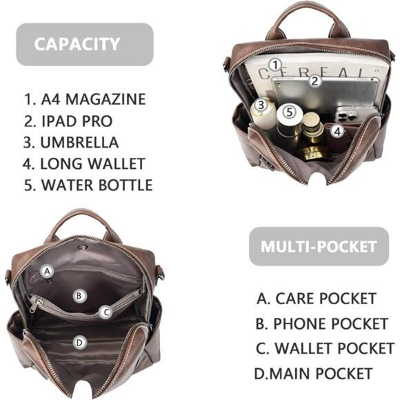 Backpack Purse for Women Fashion Genuine Leather Convertible Shoulder Bag - Picture 6 of 7